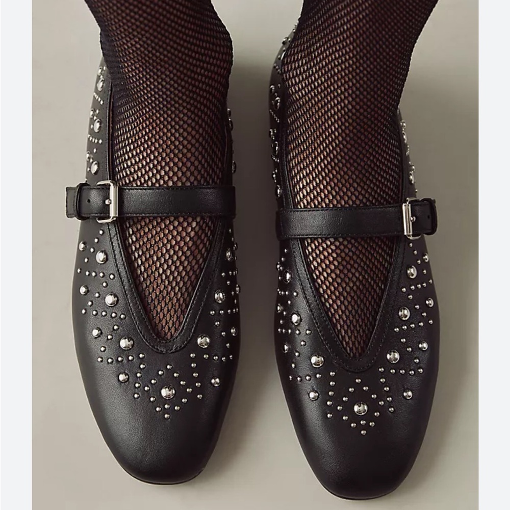 Anthropologie Bibi Lou Studded Mary Jane Flat Black Size 38 US 7-7.5